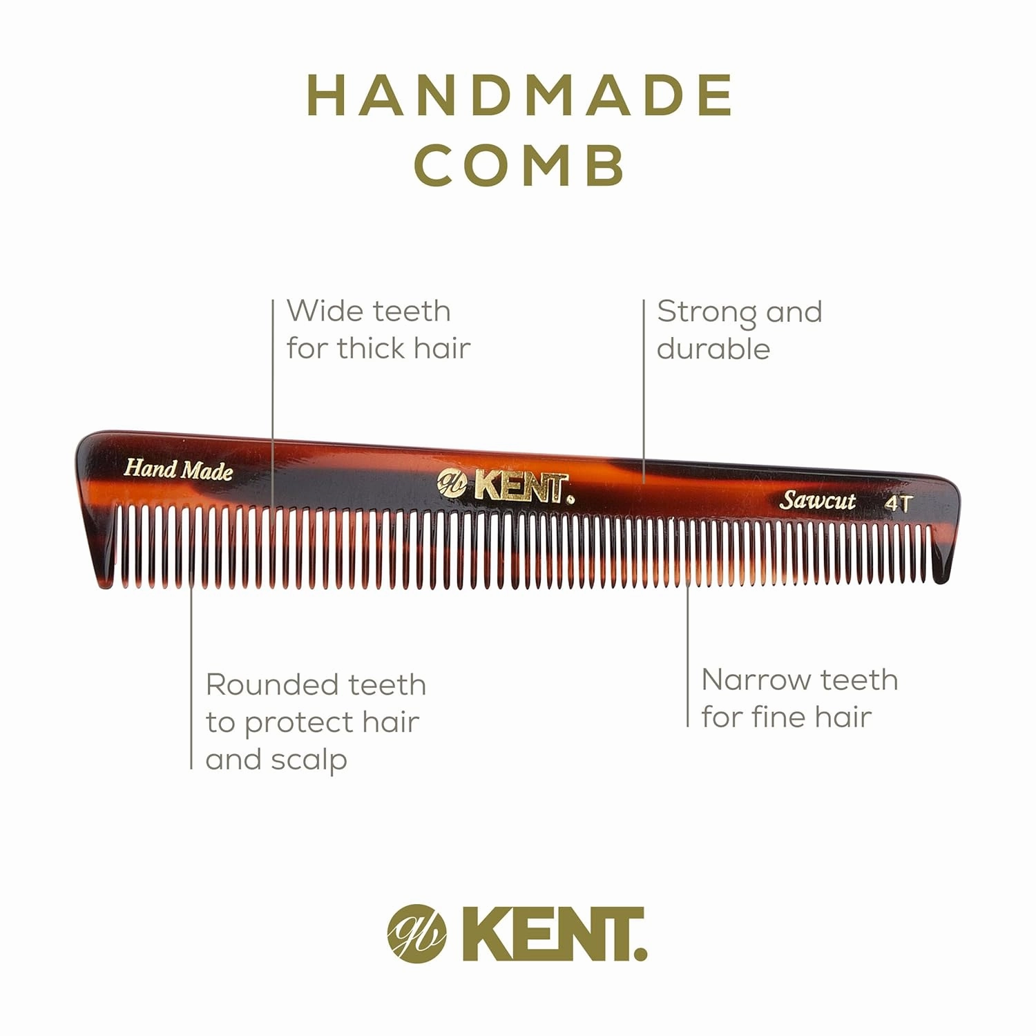 Kent 4T 6 Inch Double Tooth Comb - Fine and Wide Tooth Dressing, Grooming Comb for Hair, Beard, Mustache. Coarse and Fine Styling for Men, Women and Kids. Made in England