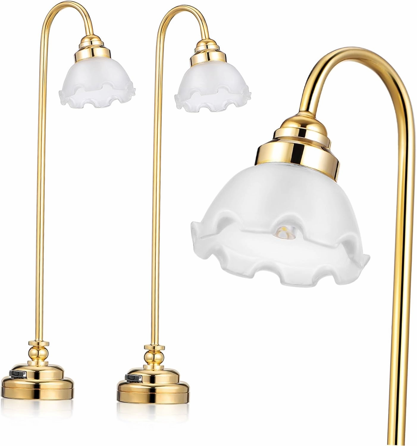 KICHOUSE Miniature Dollhouse Lighting 2pcs Mini Desk Lamp Battery Operated 10.5x2.5cm 24k Metal Glass Plastic Cozy