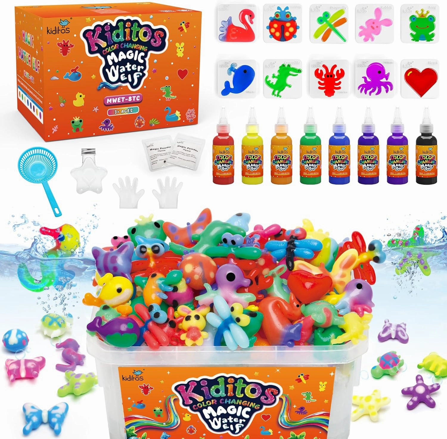 Kiditos Color Changing Magic Water Elf Toy Kit,Aqua Fairy Water Gel Kit-8 Gel&10 Molds-Make Your Own Water Pets&Squishy Toys–Fun Summer DIY Craft Kit,Birthday Gift&Party Favors for Kids Ages 3 
