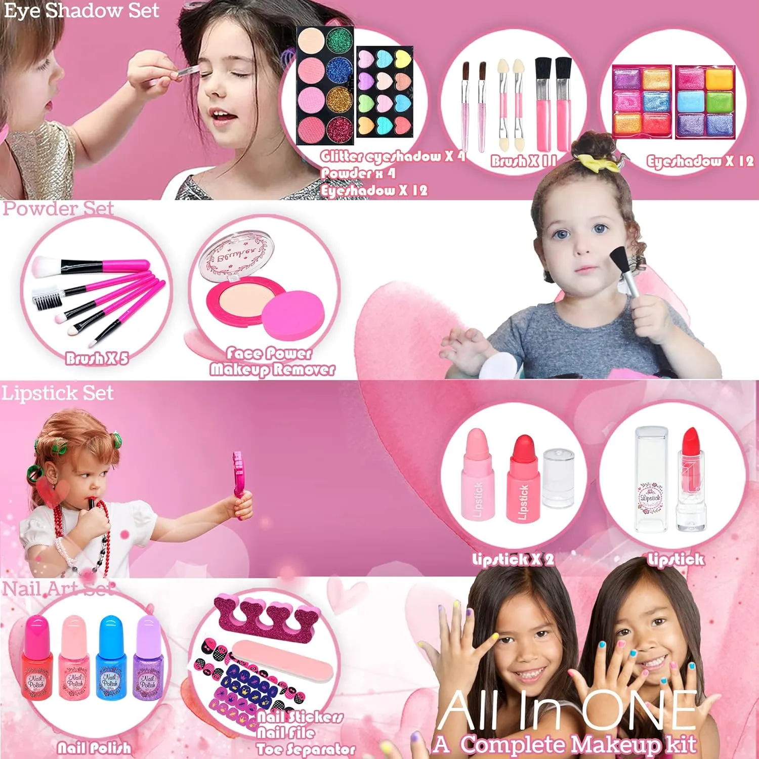 Kids Makeup Kit Toys - Child Real Washable Make Up, Non-Toxic Pretend Cosmetic Kits for Girls, Age 4-12 Year Old Children Gift