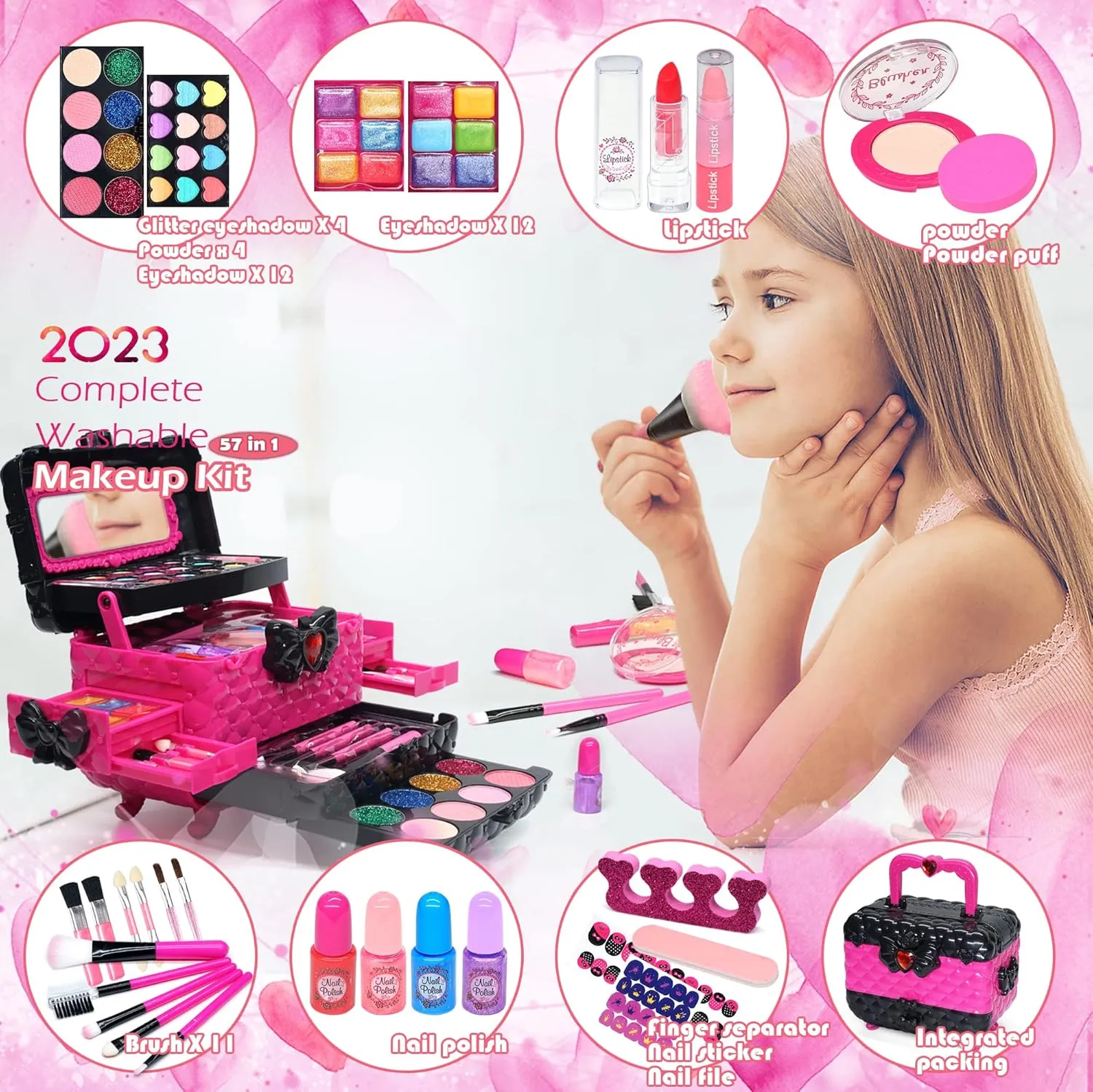 Kids Makeup Kit Toys - Child Real Washable Make Up, Non-Toxic Pretend Cosmetic Kits for Girls, Age 4-12 Year Old Children Gift