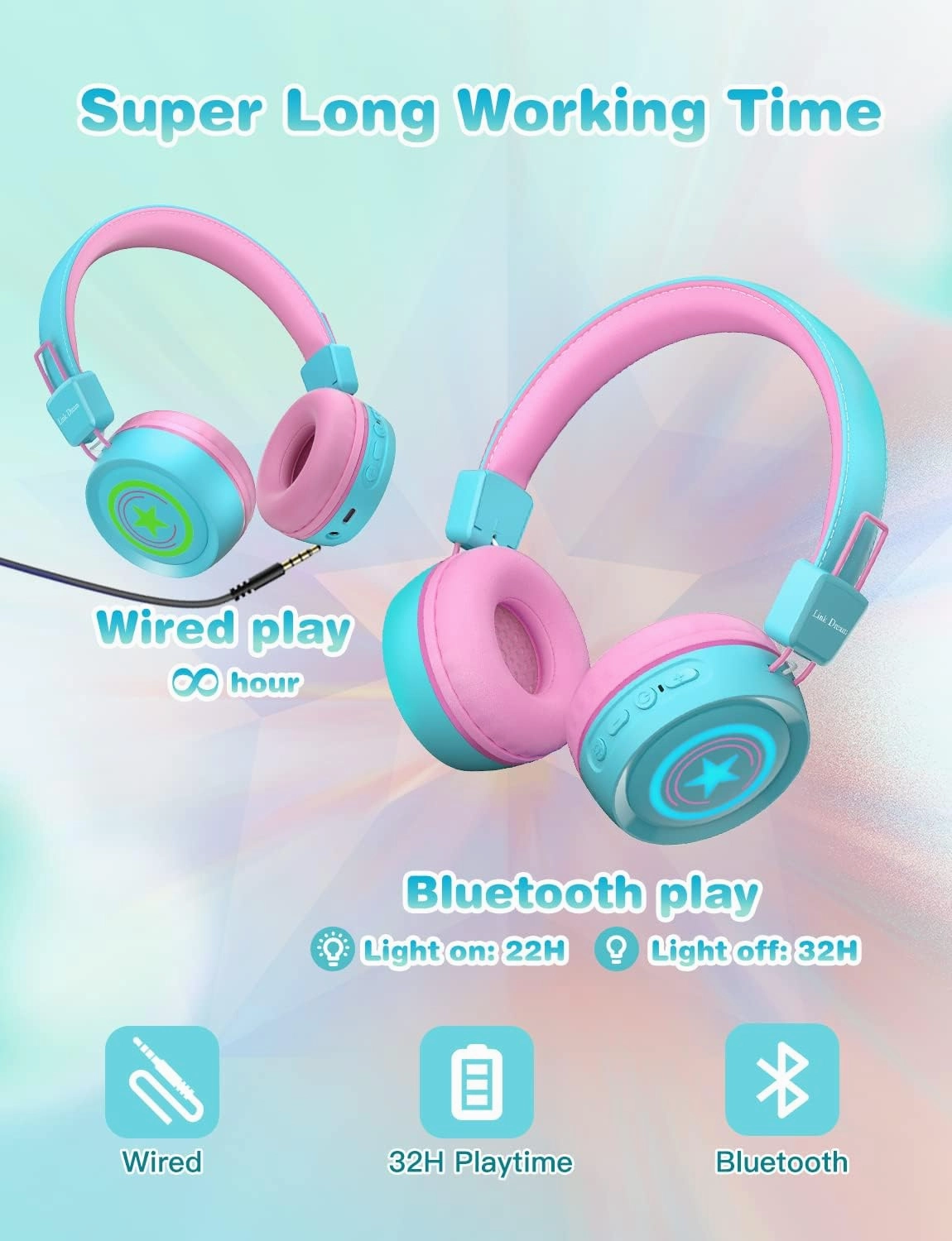 Kids Bluetooth Wireless Headphones for School, Boys Girls Over Ear Adjustable Foldable Headphones
