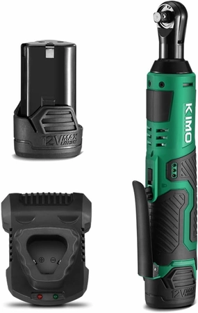 KIMO Cordless Electric Ratchet Wrench Set, 40 Ft-lbs, 400 RPM, 3/8" 12V Cordless Ratchet Kit w/ 60-Min Fast Charge, Variable Speed Trigger, 2.0Ah Lithium-Ion Battery (1 Battery)