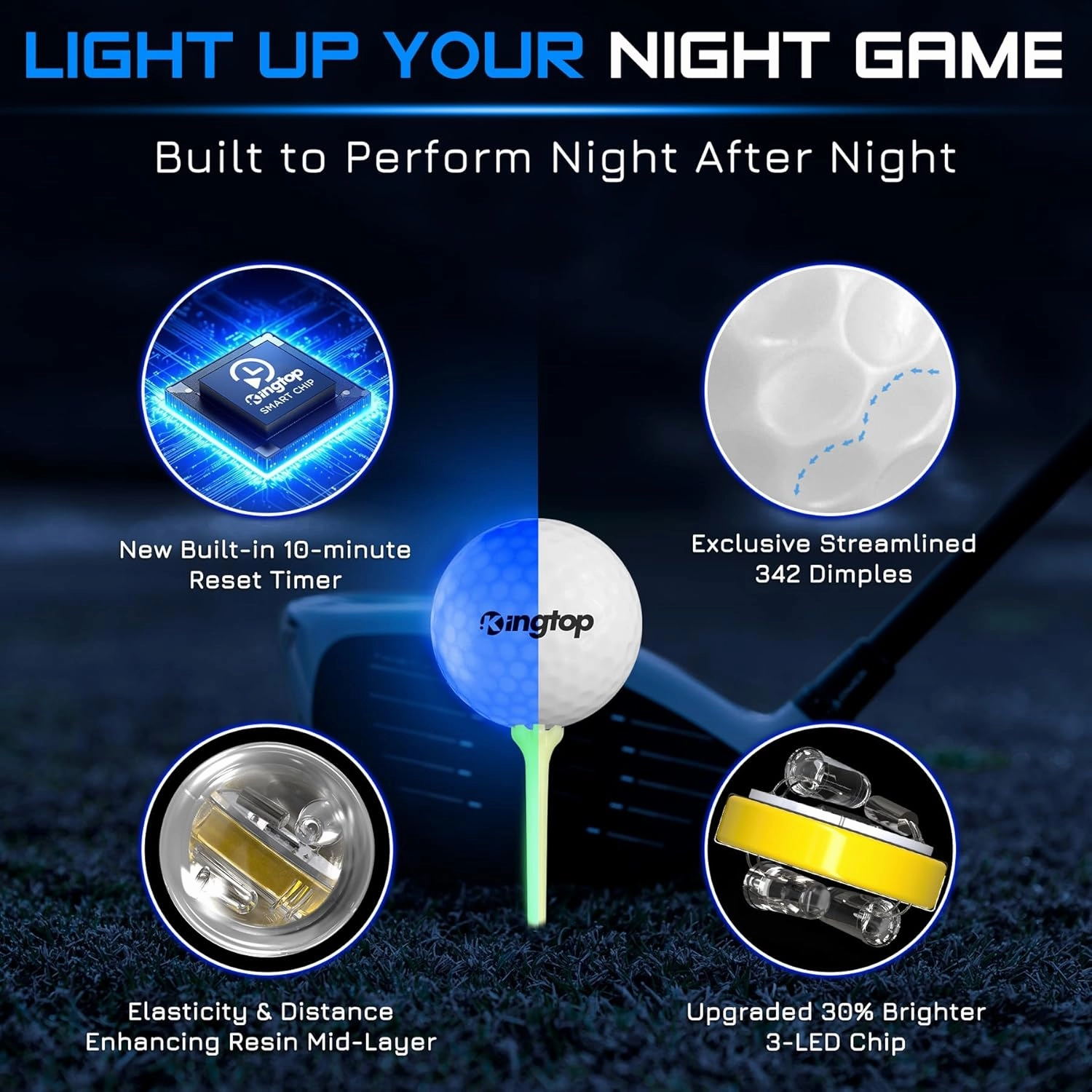 KINGTOP Upgraded Glow in The Dark Golf Balls - Super Bright Light Up LED Golf Ball - with Glow Golf Tees and Storage Bag - Fun Night Golfing Gift for Men and Women | Backyard Putting Greens