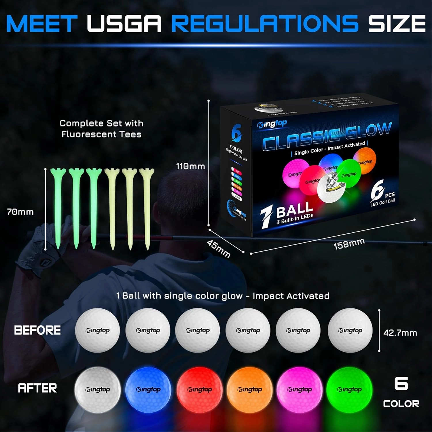 KINGTOP Upgraded Glow in The Dark Golf Balls - Super Bright Light Up LED Golf Ball - with Glow Golf Tees and Storage Bag - Fun Night Golfing Gift for Men and Women | Backyard Putting Greens