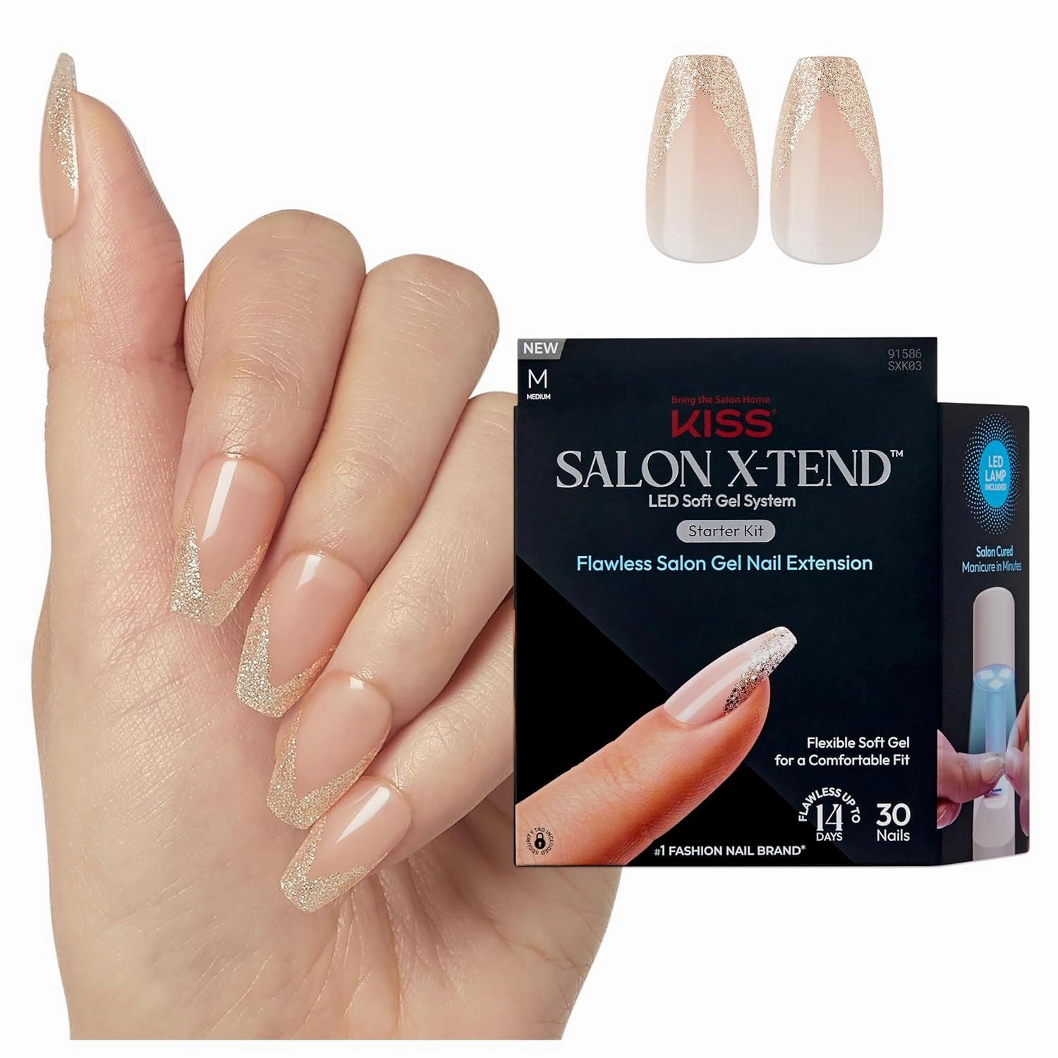 KISS Salon X-tend LED Gel Nail Kit, 'Perk', Beige, Medium Coffin, 30 Press On Nails, LED Soft Gel Adhesive 5 ml (0.16 US fl. oz.), LED Lamp, USB Cable, Prep Pad, Manicure Stick, & Mini Nail File