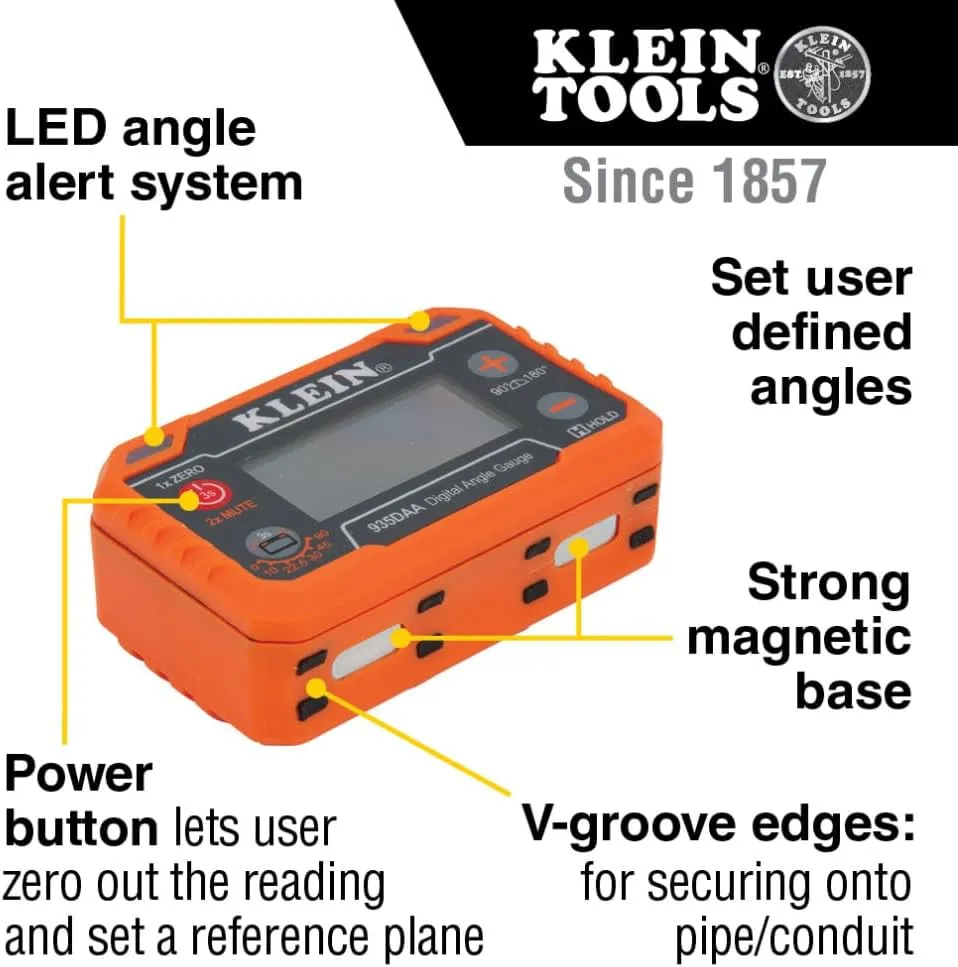 Klein Tools 935DAA Digital Electronic Level and Angle Gauge, LED Angle Alert, Measure and Set Angles, 0-90 and 0-180 Degree Ranges