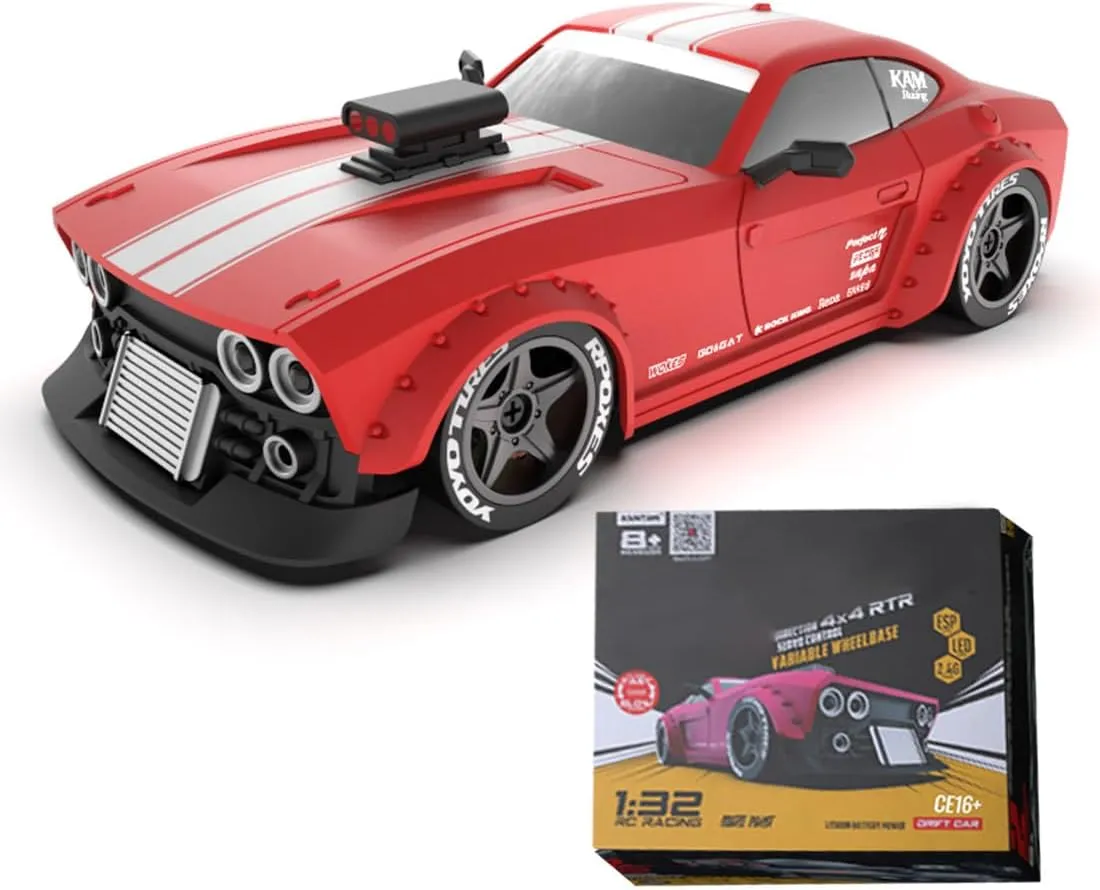 KM3299 RC Drift Car, 1/32 Scale 2.4G 4WD Model Vehicle with ESP Gyro & LED Headlight Modes, Four Adjustable Wheelbase Options for Adult (RTR Version/Red)
