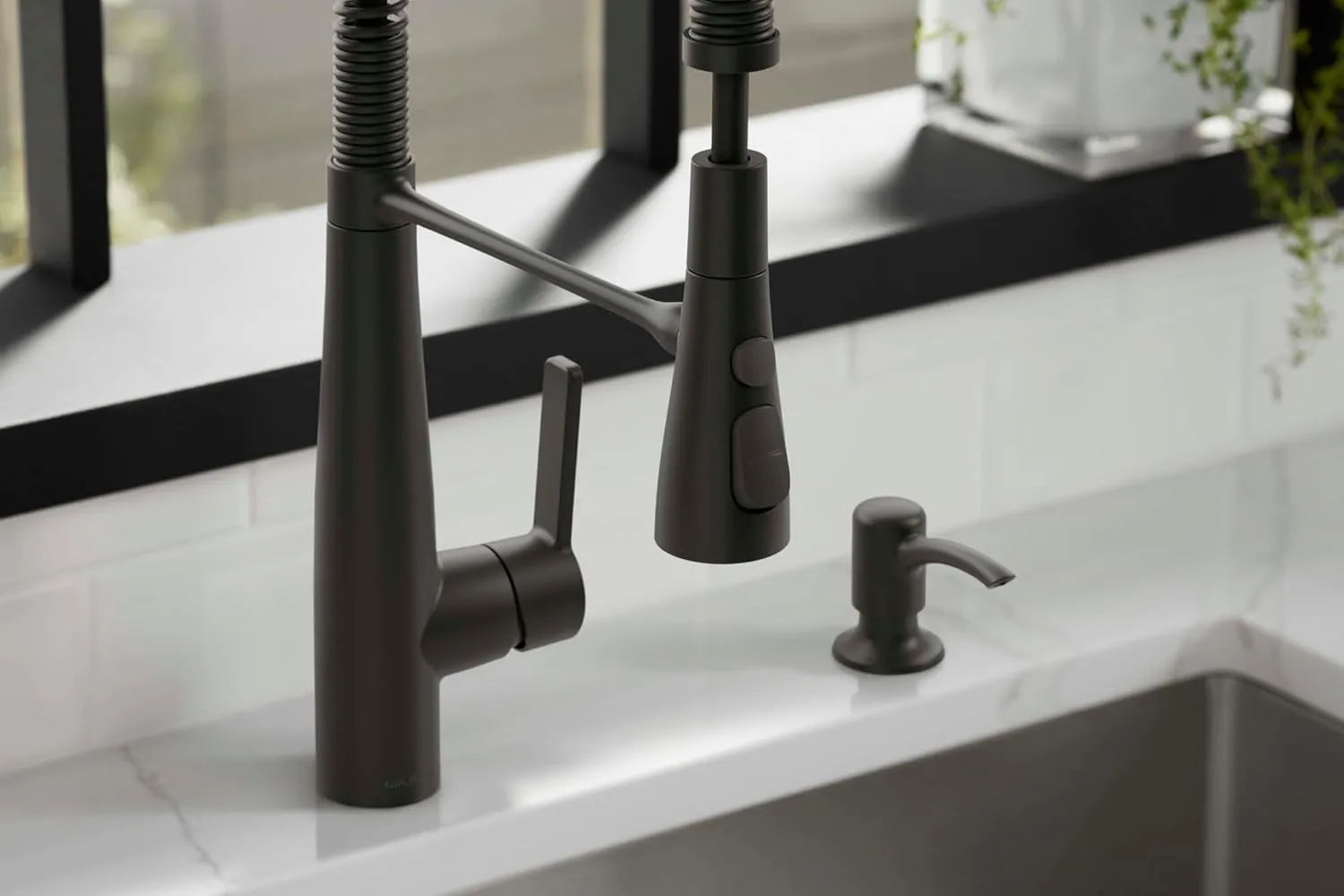 KOHLER K-REC22745-SD-BL Semi-Professional Kitchen Faucet with Soap Dispenser/Lotion Dispenser, Commercial Kitchen Sink Faucet with Pull-Down Sprayhead, Matte Black