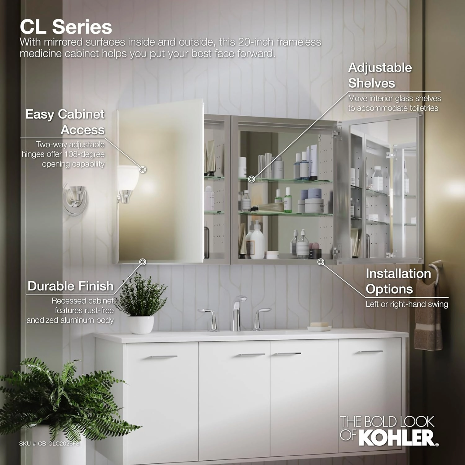 KOHLER K-CB-CLC2026FS Beveled Medicine Cabinet with Mirror Door & Adjustable Shelves, Rectangular Beveled Edge Frame, 20" x 26"