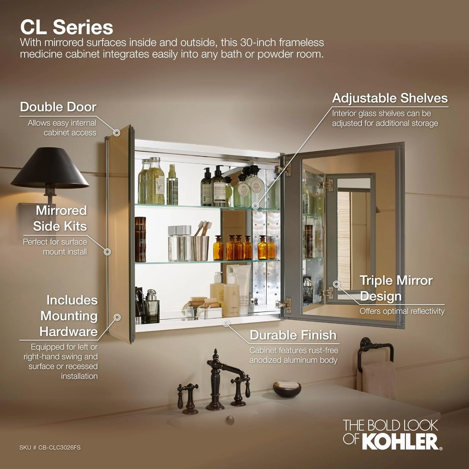 KOHLER K-CB-CLC3026FS Beveled Medicine Cabinet with Mirror Doors & Adjustable Shelves, Rectangular Beveled Edge Frame, 30" x 26"