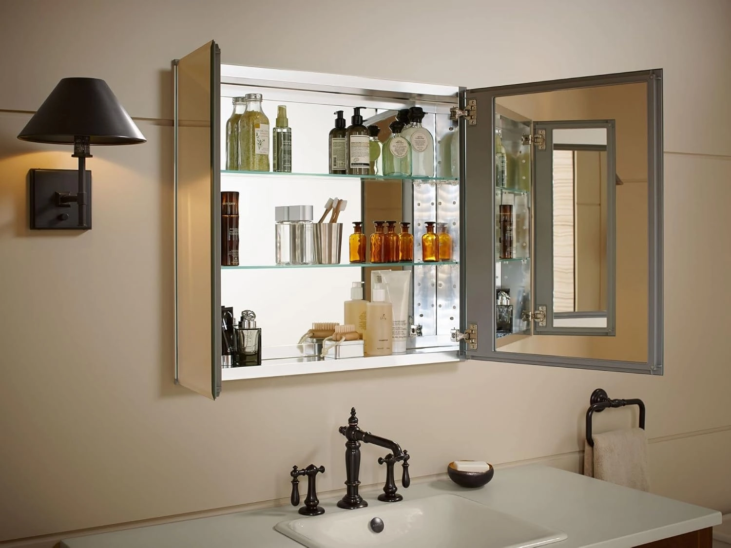KOHLER K-CB-CLC3026FS Beveled Medicine Cabinet with Mirror Doors & Adjustable Shelves, Rectangular Beveled Edge Frame, 30" x 26"
