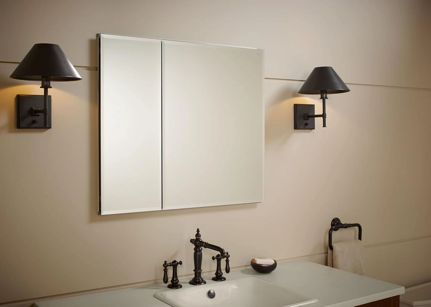 KOHLER K-CB-CLC3026FS Beveled Medicine Cabinet with Mirror Doors & Adjustable Shelves, Rectangular Beveled Edge Frame, 30" x 26"