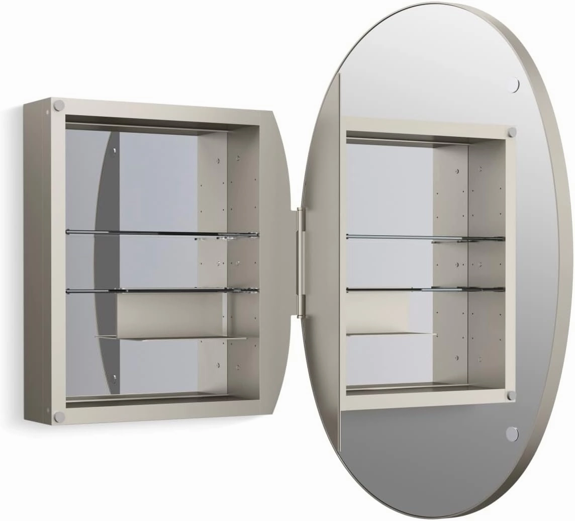 KOHLER Verdera Medicine Cabinet, 24" x 34", Oval Design, Mirrored Interior, Adjustable Glass Shelves, Rustproof Aluminum, Brushed Nickel, K-35571-BNL