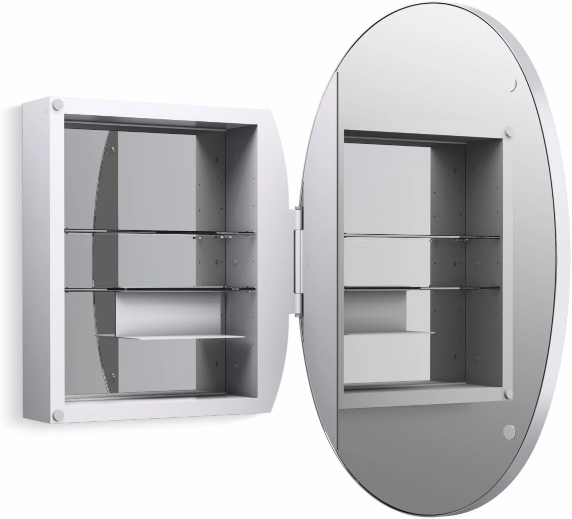 KOHLER Verdera Medicine Cabinet, 24" x 34", Oval Design, Mirrored Interior, Adjustable Glass Shelves, Rustproof Aluminum, Polished Chrome, K-35571-CPL