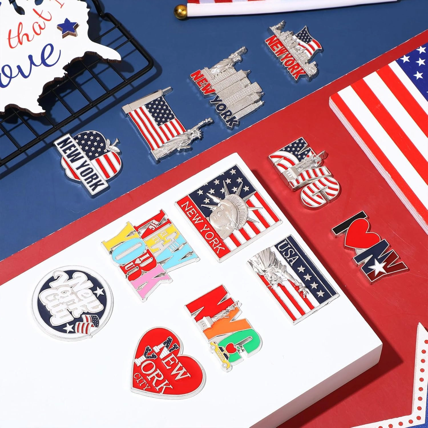 Konohan 12 Pcs New York Magnets for Refrigerator Metal NYC Fridge Magnet Magnetic New York Souvenirs USA Souvenirs Gifts Magnetic NYC Refrigerator Stickers, USA Flag, Statue of Liberty