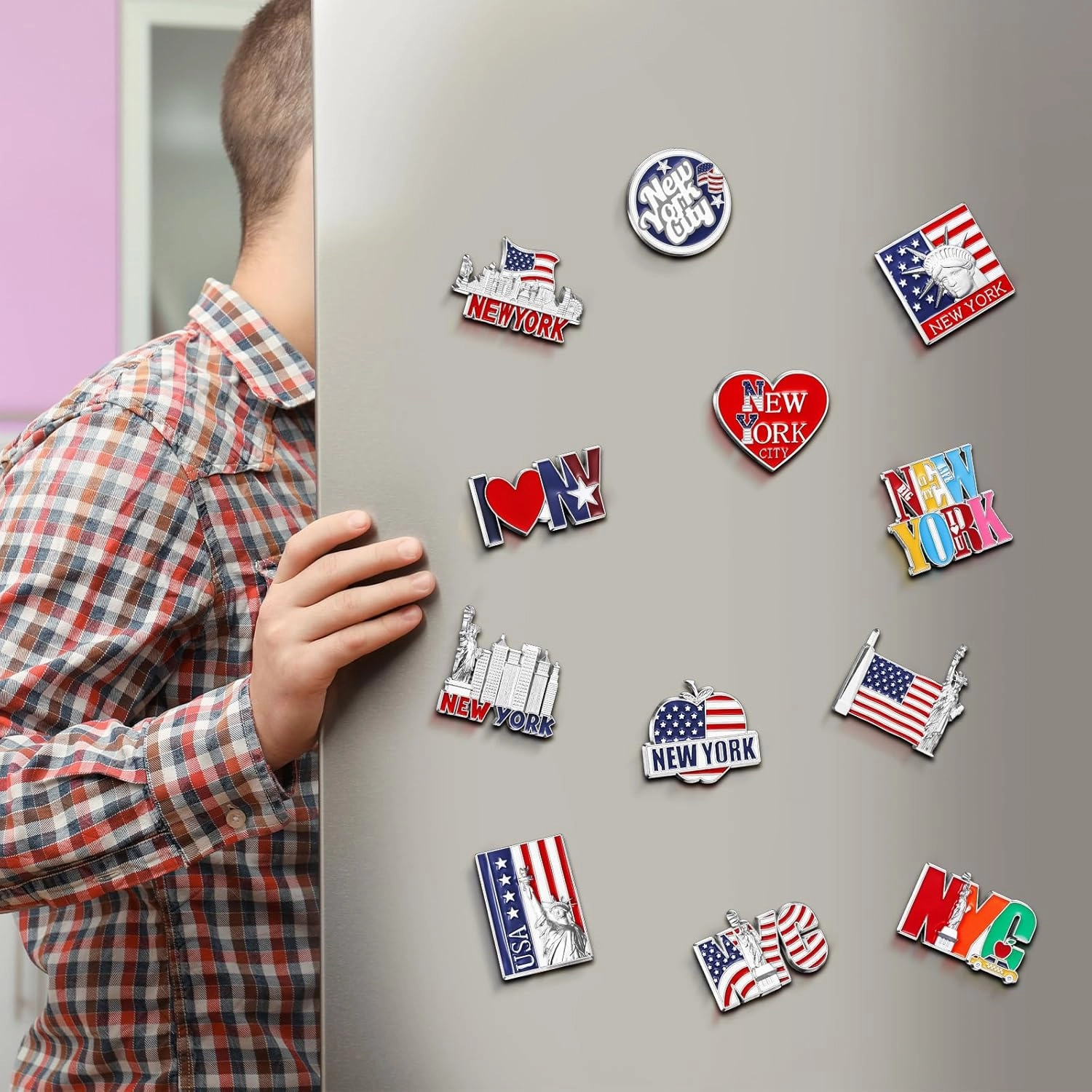 Konohan 12 Pcs New York Magnets for Refrigerator Metal NYC Fridge Magnet Magnetic New York Souvenirs USA Souvenirs Gifts Magnetic NYC Refrigerator Stickers, USA Flag, Statue of Liberty