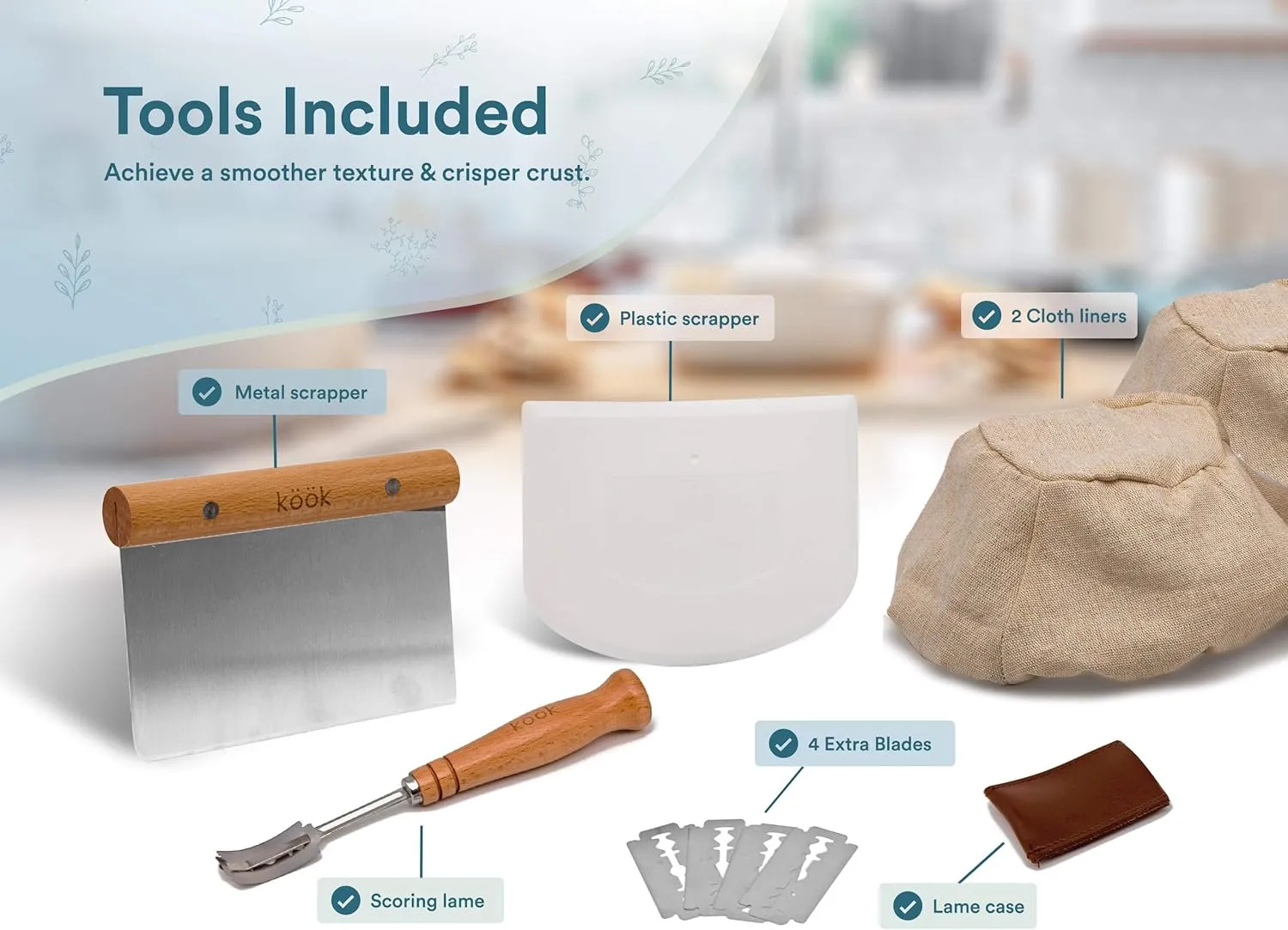 Kook Proofing Set, Sourdough Bread, 2 Rattan 9 Inch Banneton Baskets, 2 Basket Covers, Metal Scraper, Plastic Scraper, Scoring Lame, 5 Blades and Case, Baking Kit, Dough Bowls, Round Shape