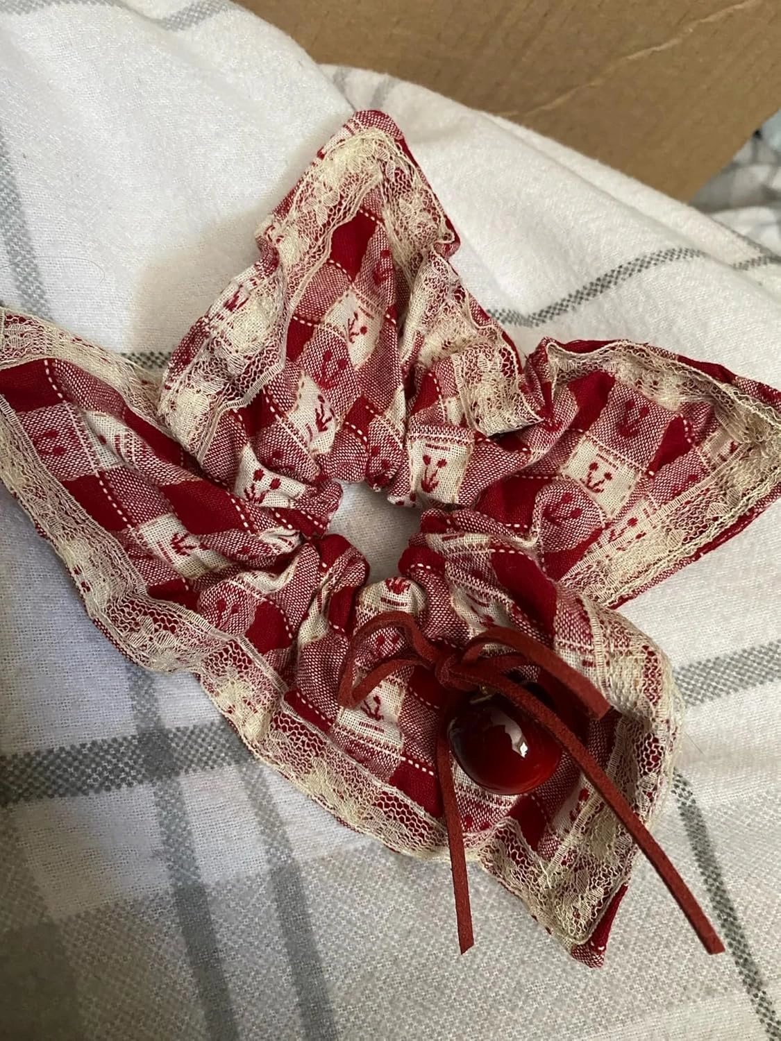 Korean Cherry Checkered Scrunchie Scarf Hair Tie for Women – Red White Gingham Bow Elastic Hairband with Cherry Charm, Cute K‑Style Ponytail Accessory (2)