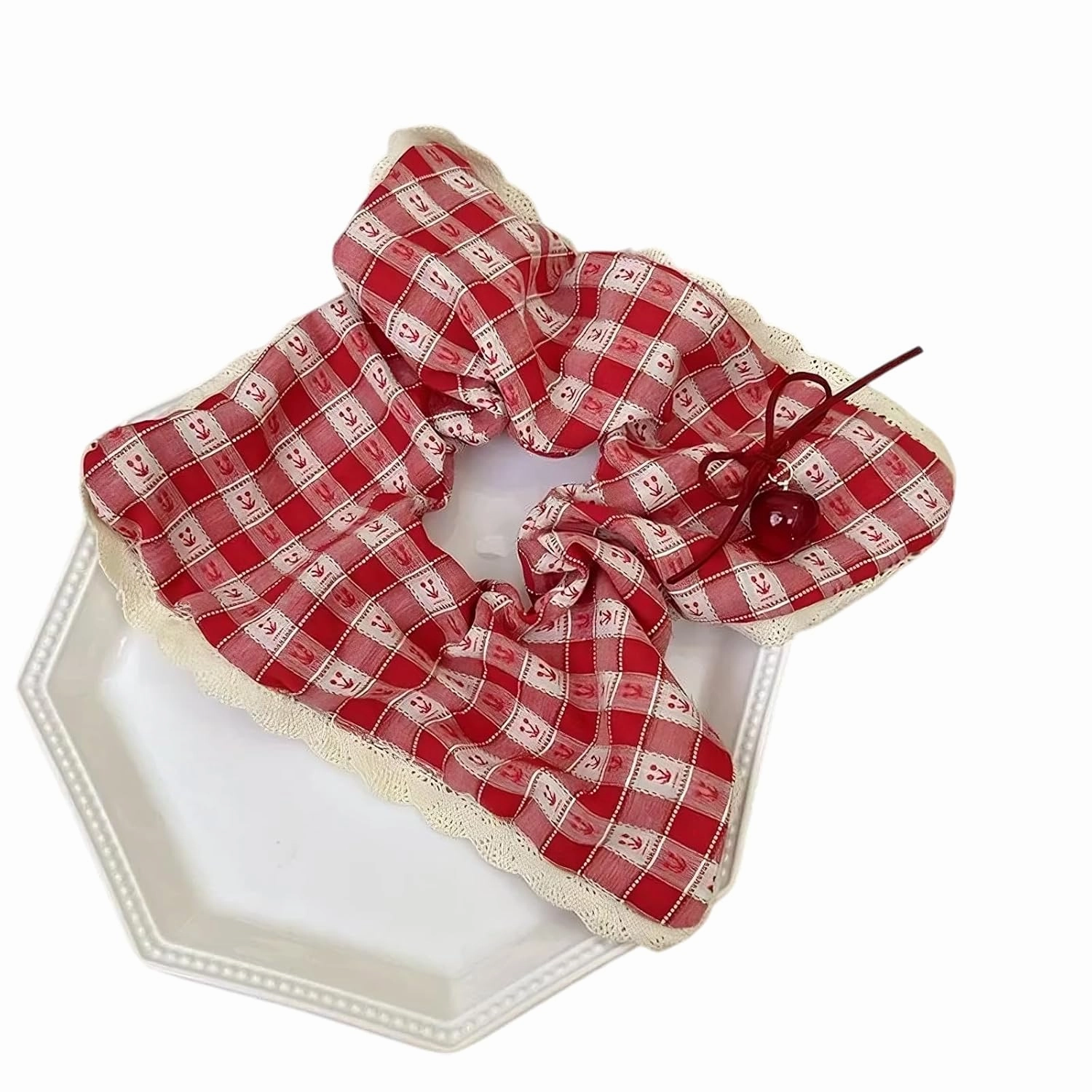 Korean Cherry Checkered Scrunchie Scarf Hair Tie for Women – Red White Gingham Bow Elastic Hairband with Cherry Charm, Cute K‑Style Ponytail Accessory (2)