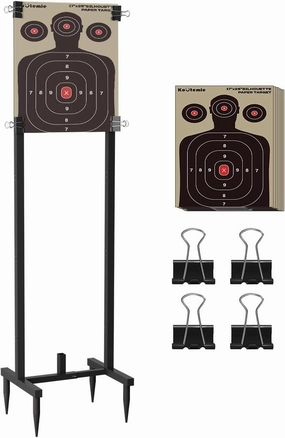Koutemie Outdoor Shooting Target Stand with 10pcs 17x25 Inch Paper Targets, Heavy Duty Range Target Holder with Adjustable Base for Cardboard Silhouette, H Shape, Black