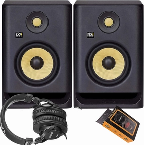 KRK RP5 Rokit 5 G4 Professional Bi-Amp 5" Powered Studio Monitor Pair   TH-MX2 Headphone   Magnet Phone Holder, BLACK (KRK1205-003)