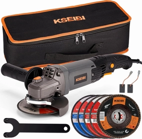 KSEIBI 711943K Angle Grinder Tool - 4 1/2 inch, 950W, 8Amps, 11000RPM, Corded Power Tools Long Handle with 7/8" Arbor Grinding and Cutting Wheels, Flap Disc, Quick Adjustable Guard, and Storage Bag