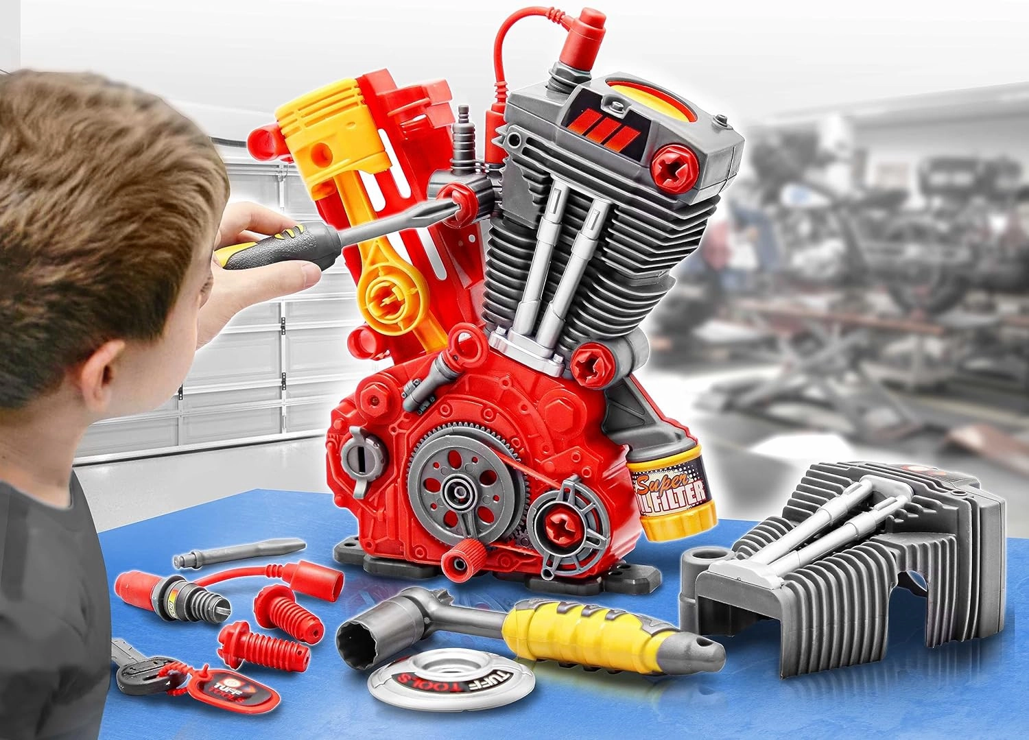 Lanard Tuff Tools: Engine Overhaul - 25 pc Playset, Lights & Sounds, Motorcycle Engine Building Set, Realistic Mechanic Toy, Kids Ages 3 