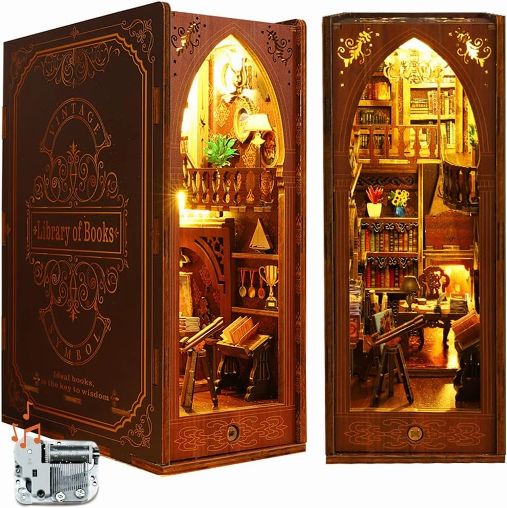 Lannso DIY Book Nook Kit, DIY Dollhouse Booknook, Library Booknook 3D Wooden Puzzle Bookends, Book Nook Miniature Kits with LED Light for Adults(SL6-A)