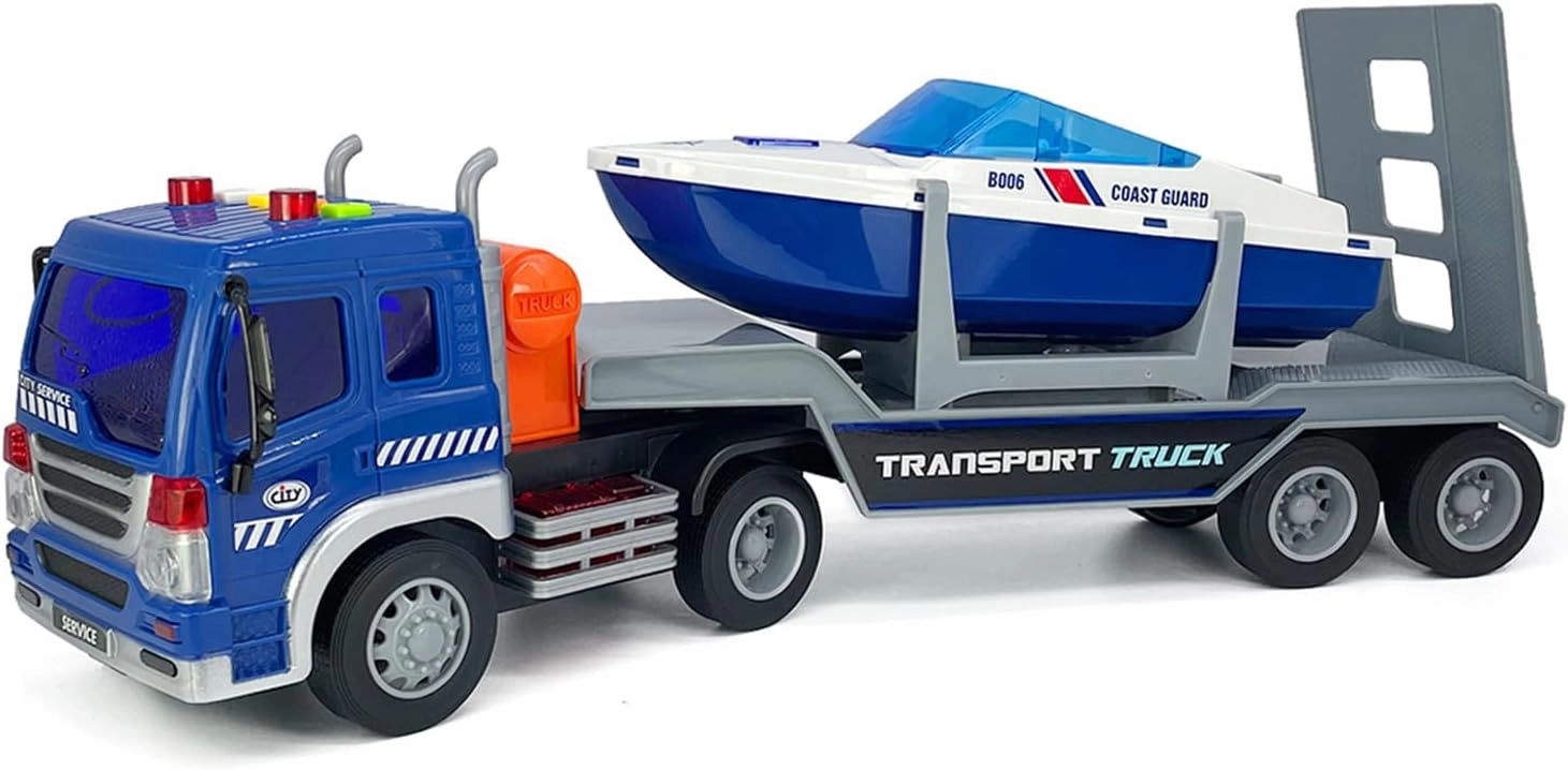 Large Flatbed Truck Toy with Trailer Speedboat Semi Tow Truck Flatbed Transport Boat Toy Vehicle 2 in 1 Playset, Light Sound, Toy Trucks for Boys 3 4 5 6 7 Years Old Kids Toddlers Birthday Gifts, blue