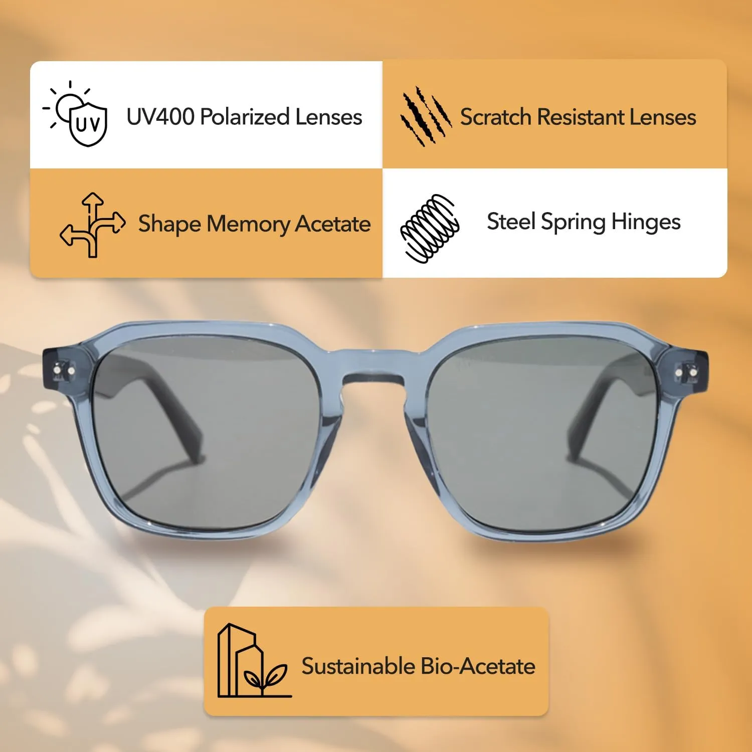 Lautner Premium UV400 Polarized Sunglasses, XL & Original Sizes, Shape Memory Acetate Frames, Scratch-Resistant Lenses