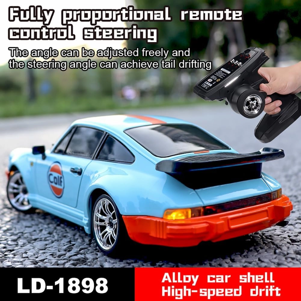 LD1898 1:18 RC Drift Car 911 2.4GHz RWD with Gyroscope on-Road Alloy Body Shell Racing Cars Radio Control (Blue)