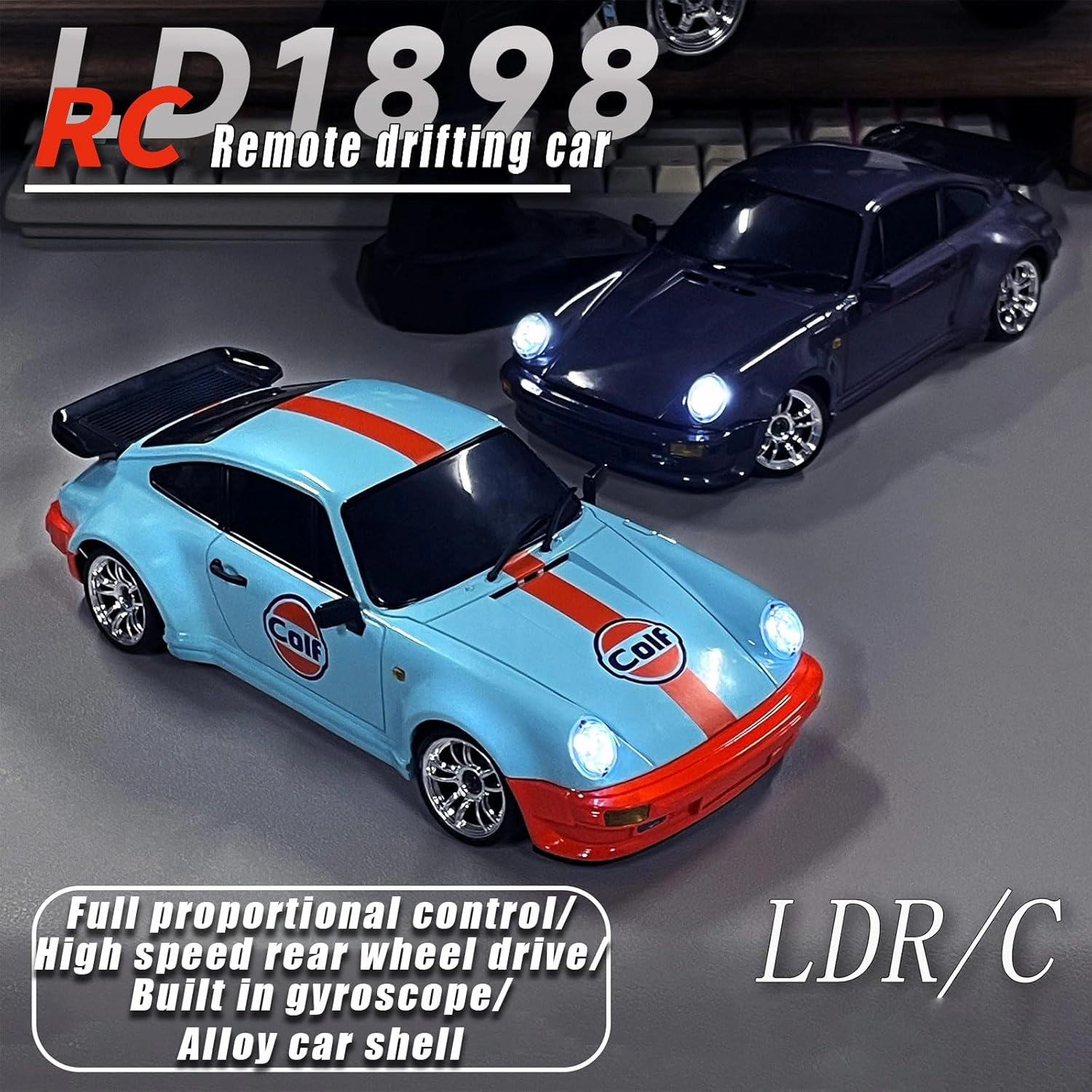 LD1898 1:18 RC Drift Car 911 2.4GHz RWD with Gyroscope on-Road Alloy Body Shell Racing Cars Radio Control (Blue)