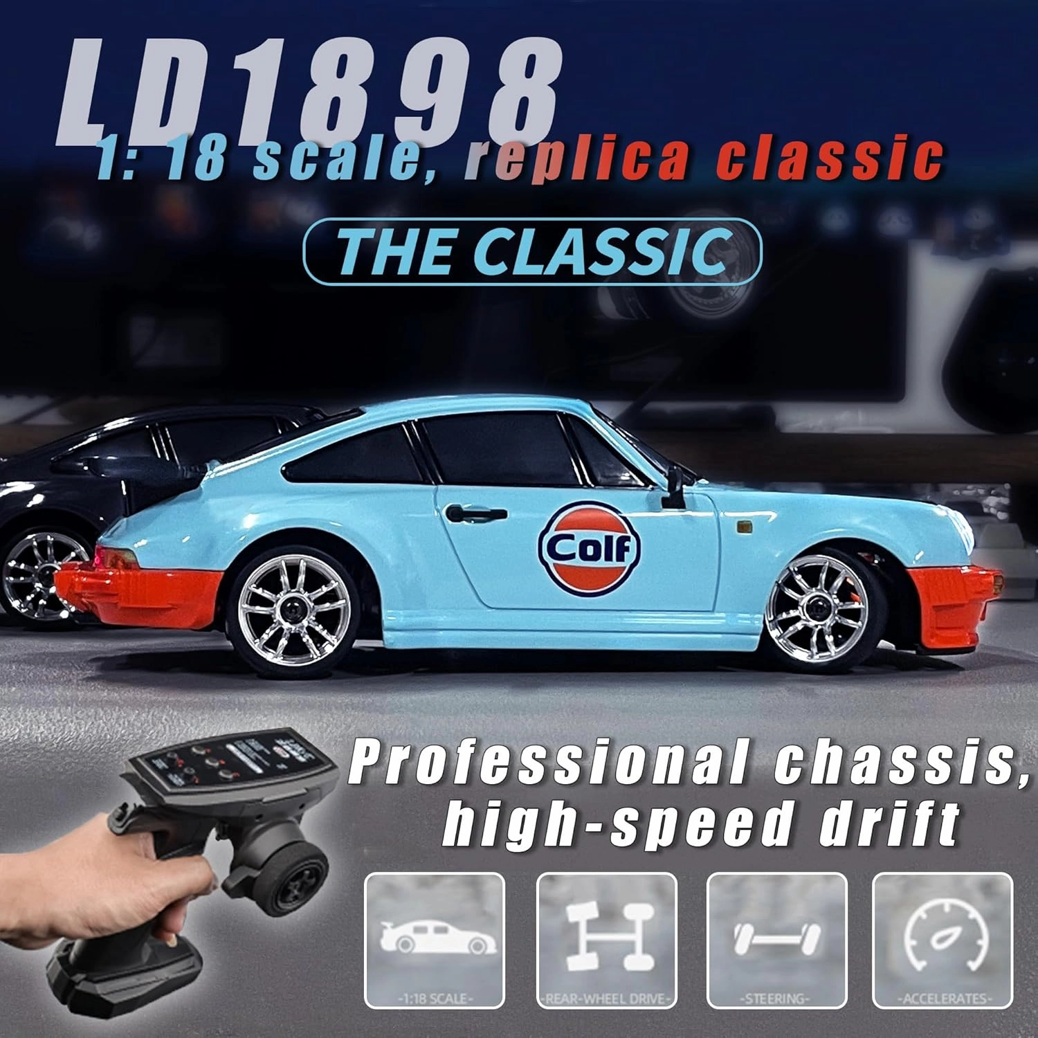 LD1898 1:18 RC Drift Car 911 2.4GHz RWD with Gyroscope on-Road Alloy Body Shell Racing Cars Radio Control (Blue)