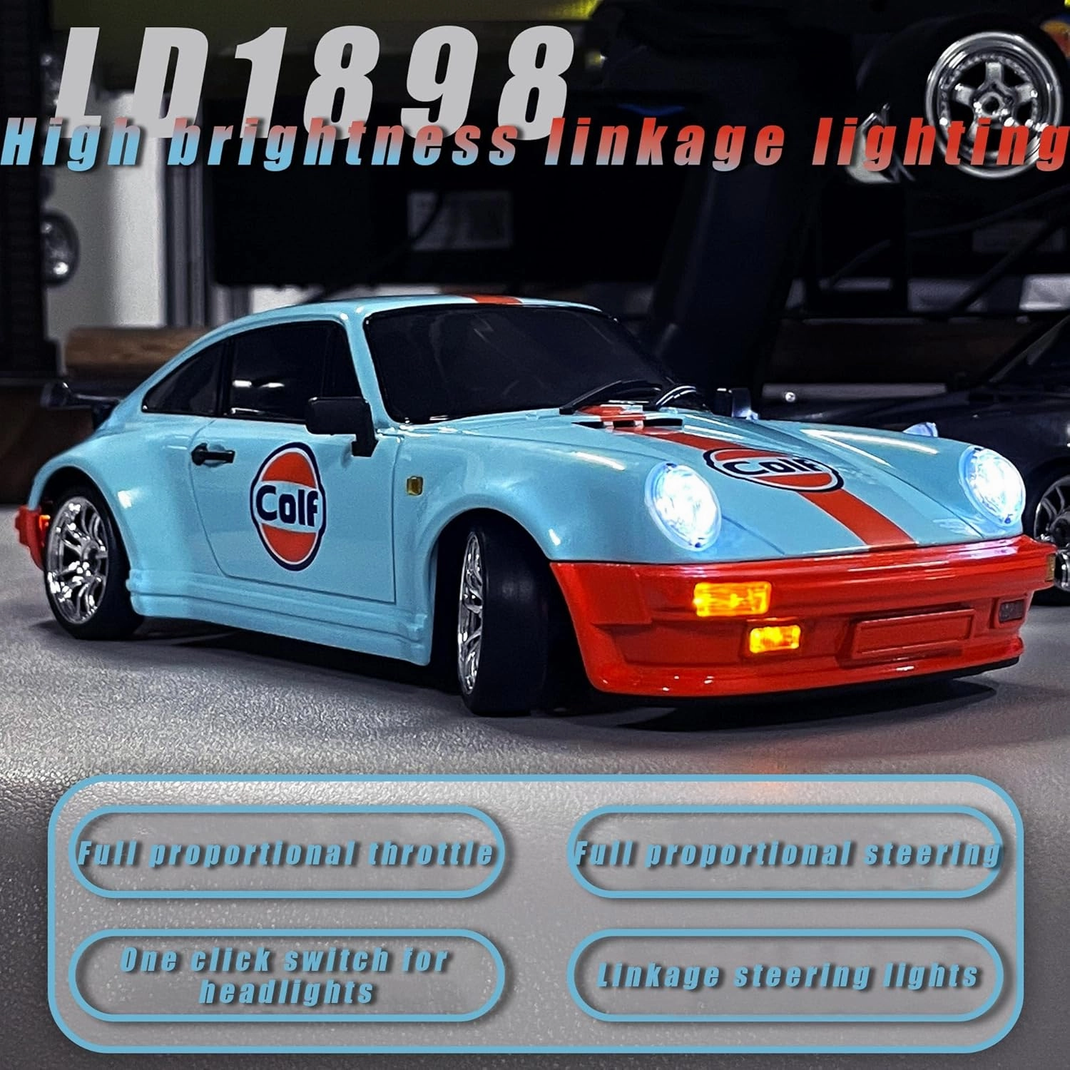 LD1898 1:18 RC Drift Car 911 2.4GHz RWD with Gyroscope on-Road Alloy Body Shell Racing Cars Radio Control (Blue)