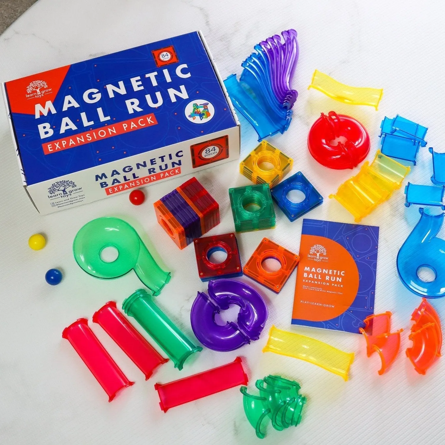 Learn and Grow Toys Magnetic Tiles Ball Run 84pc Pack Best Seller Marble Run Game 3yrs 