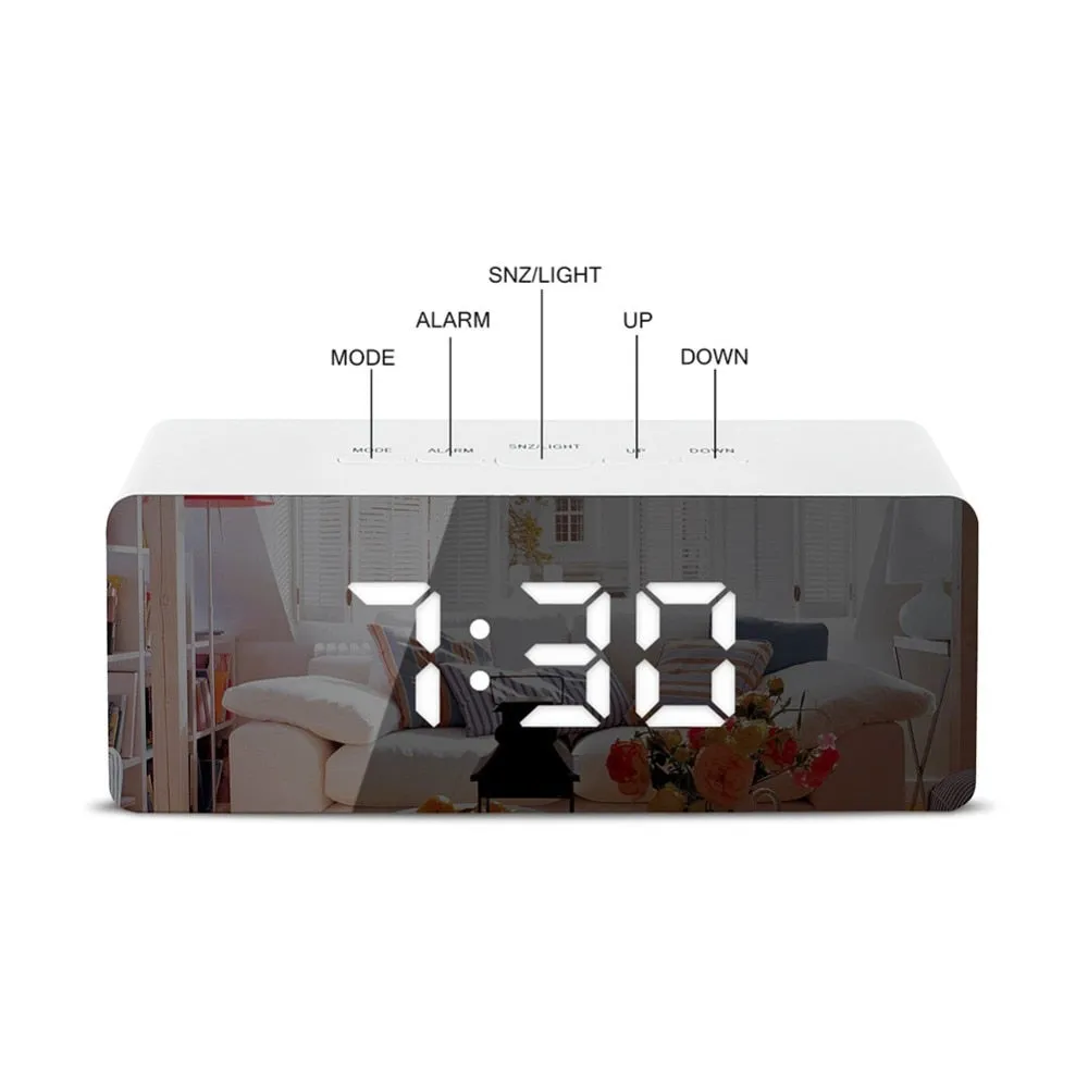 LED Mirror Alarm Clock Digital Snooze Table Clock