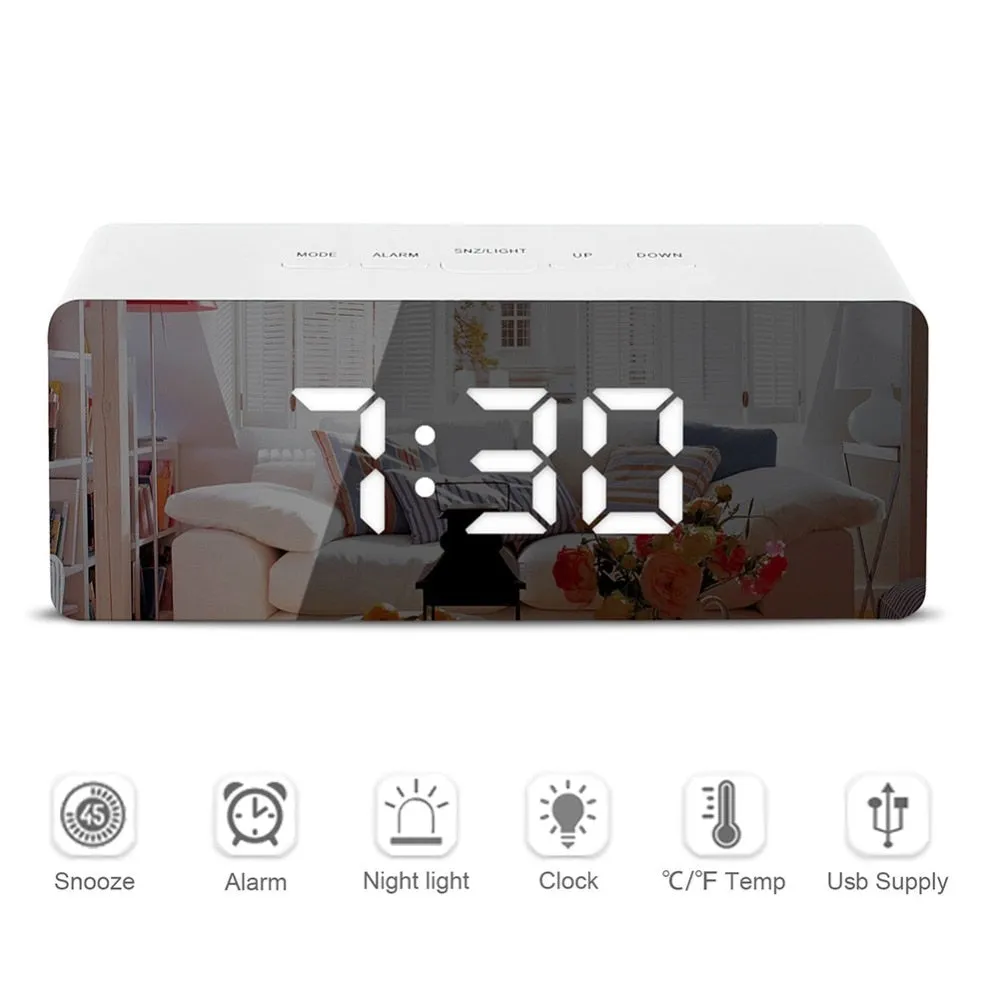 LED Mirror Alarm Clock Digital Snooze Table Clock