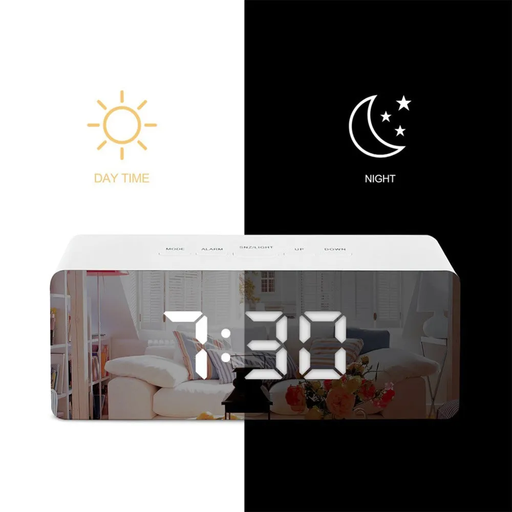 LED Mirror Alarm Clock Digital Snooze Table Clock