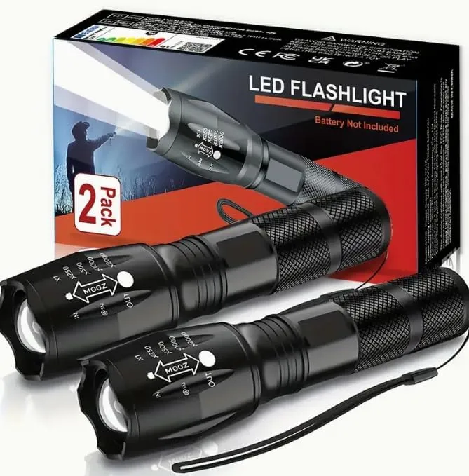 LED Tactical Flashlight Set, 2-Pack, High Powered, Zoomable Beam, Black