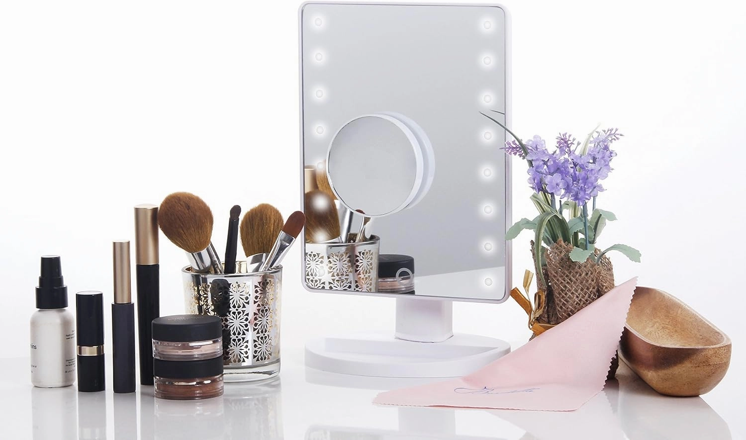 LED Lighted Makeup Mirror with 10x Magnification, White Rectangular Compact Vanity Mirror w/Tilt for Beauty Table, Bathrooms, Shower & Travel. Battery Operated Adjustable Daylight Lights, Switch Set