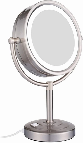 LED Lighted Tabletop Makeup Mirror, Double-Sided with Magnification, Brushed Nickel Desk Vanity Plug Powered, 360° Swivel(7X)
