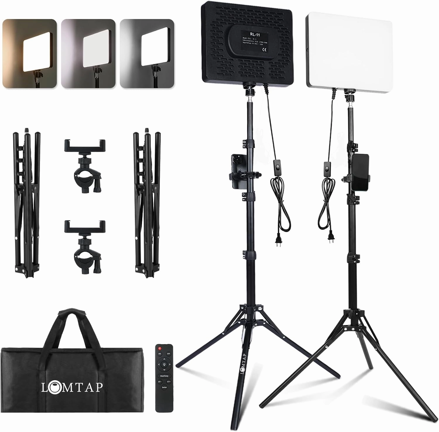 LED Studio Lights for Video Recording, 35W Photography Lighting Kit with 6.5ft Stand, Remote, Phone Holder and Bag for TikTok, YouTube, Live Streaming, Podcast, Vlogging (LOMTAP)
