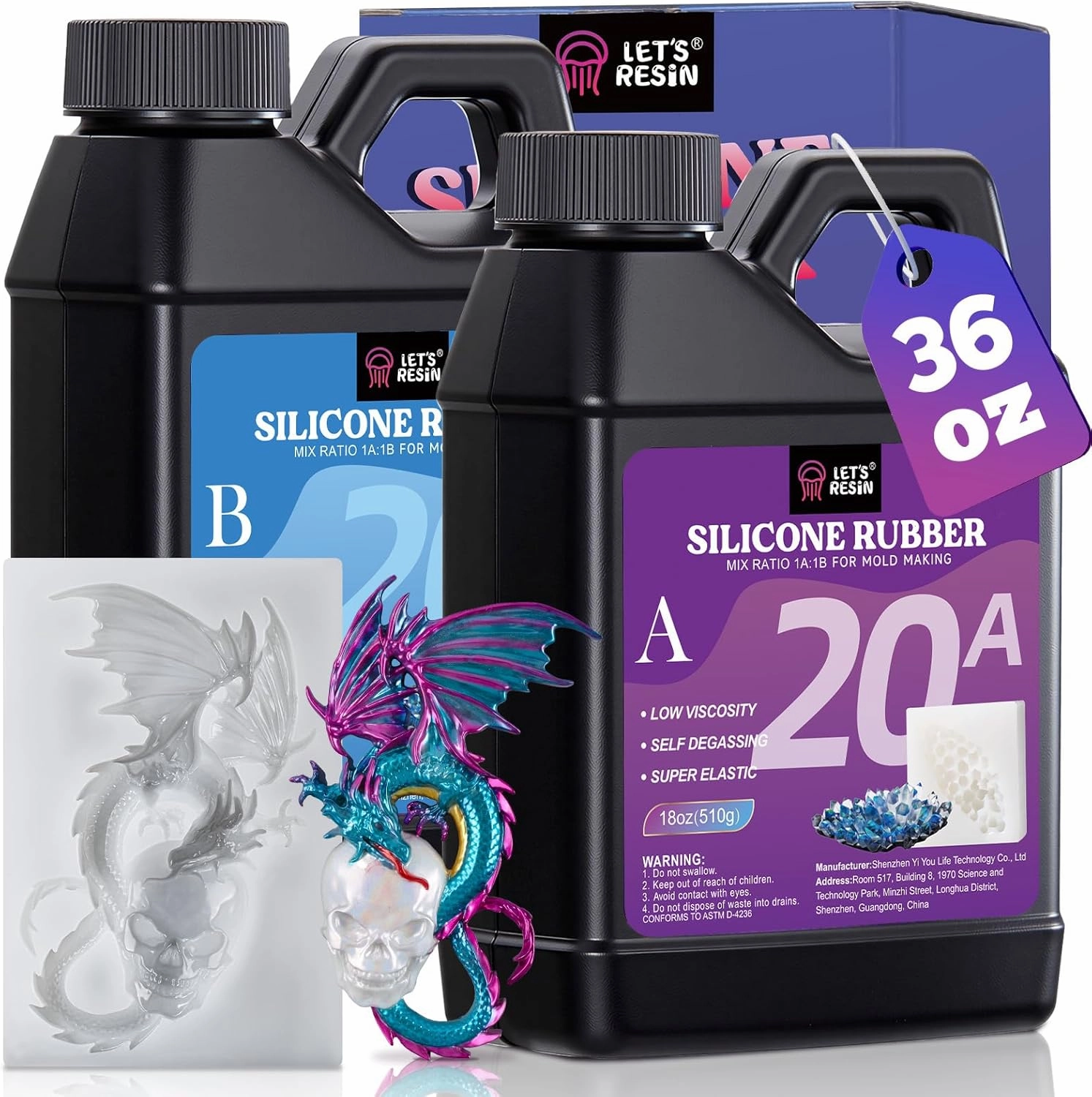LET'S RESIN Silicone Mold Making Kit 36oz, 20A Flexible & Bubble Free Silicone Rubber, Translucent & 4H Fast Cure Liquid Silicone for Mold Maker, Mixing Ratio 1:1