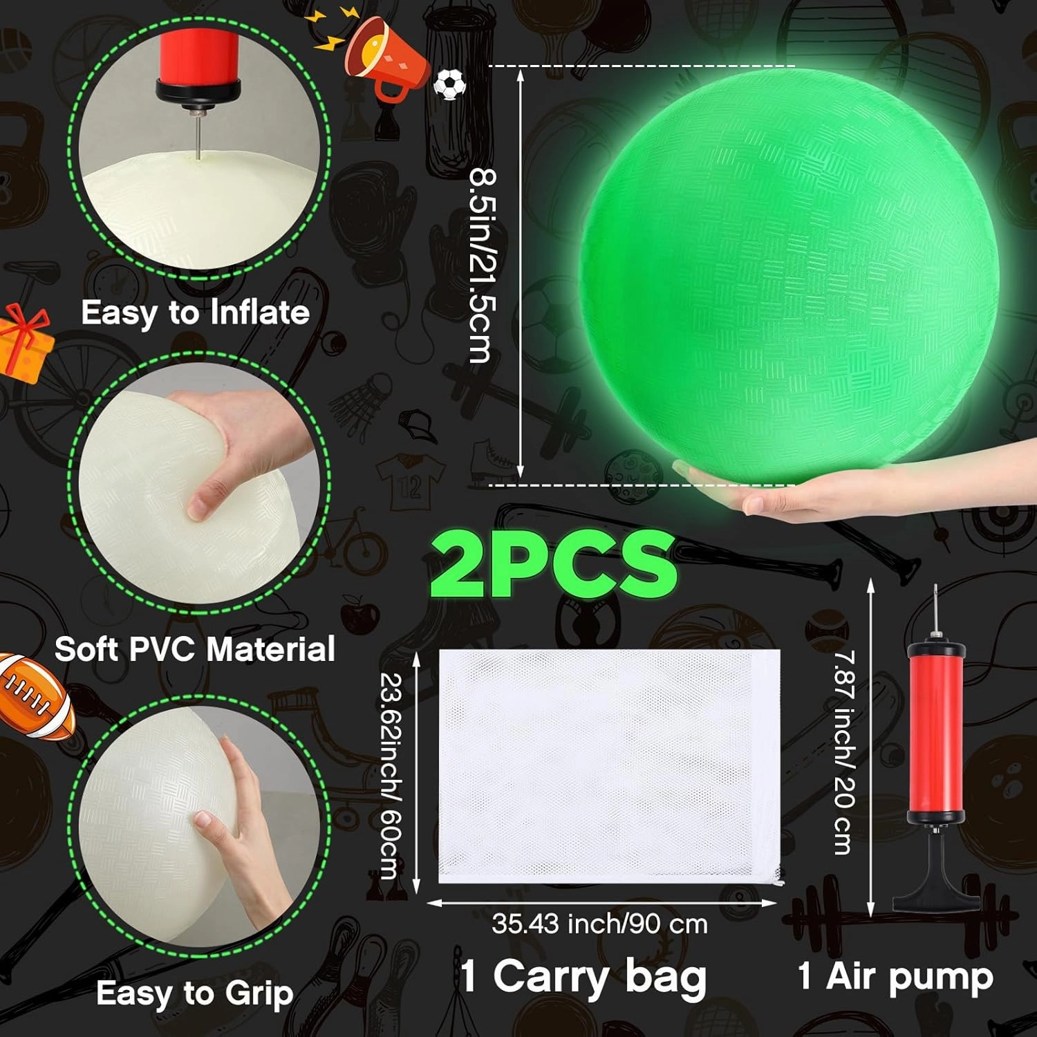 Libima 8.5 Inches Glow in The Dark Kickballs Dodgeballs Light up Playground Ball Bouncy Balls with Pump for Kids Adults Playground School Backyard Game Outdoor Glow in The Dark Games