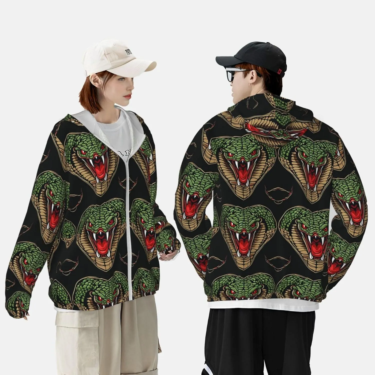 Lightweight UV Protection Sun Jacket, Heart Shape Cobra Head Print Sportswear Hooded Sunblock Shirt for Outdoor