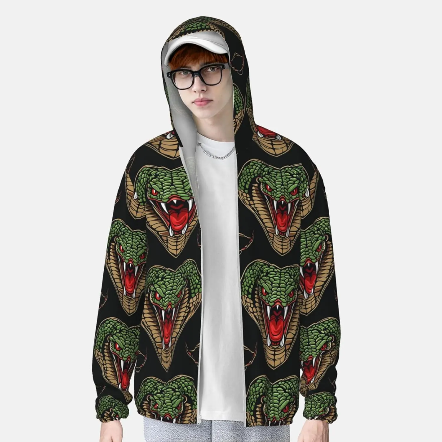 Lightweight UV Protection Sun Jacket, Heart Shape Cobra Head Print Sportswear Hooded Sunblock Shirt for Outdoor