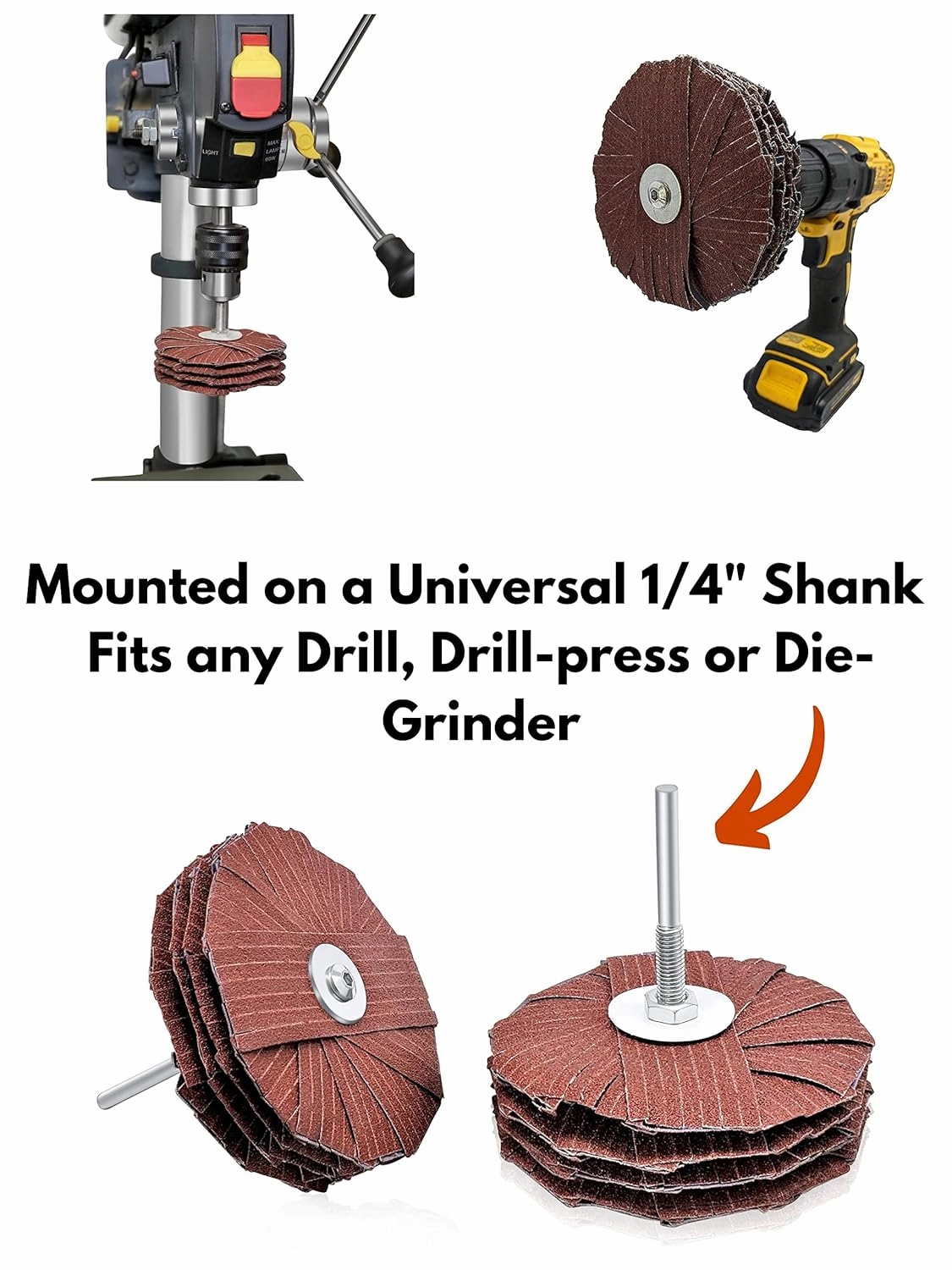 LINE10 Tools 4-inch Sanding Mop Kit, Moulding Flap Wheel Sander for Drill, 120 Grit Mop Sanders Brush, 1/4" Shank, Abrasive Flapper Sander for Woodworking, Contours, Finishing, Pack of 3