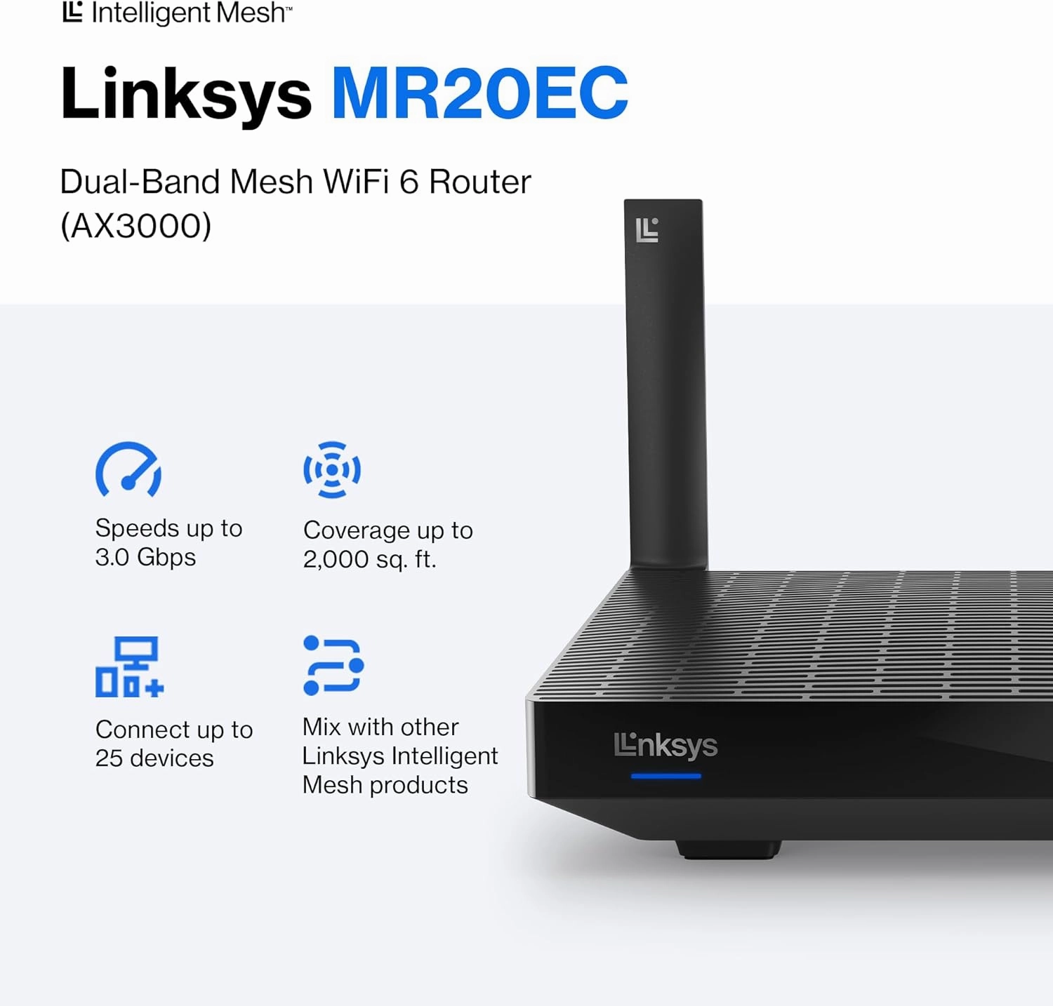 Linksys MR20EC | Dual-Band Mesh WIFI 6 Router | 3.0 (AX3000) Speeds | Connect 25  Devices | 2,000 Sq Ft Coverage | 18 Month Warranty