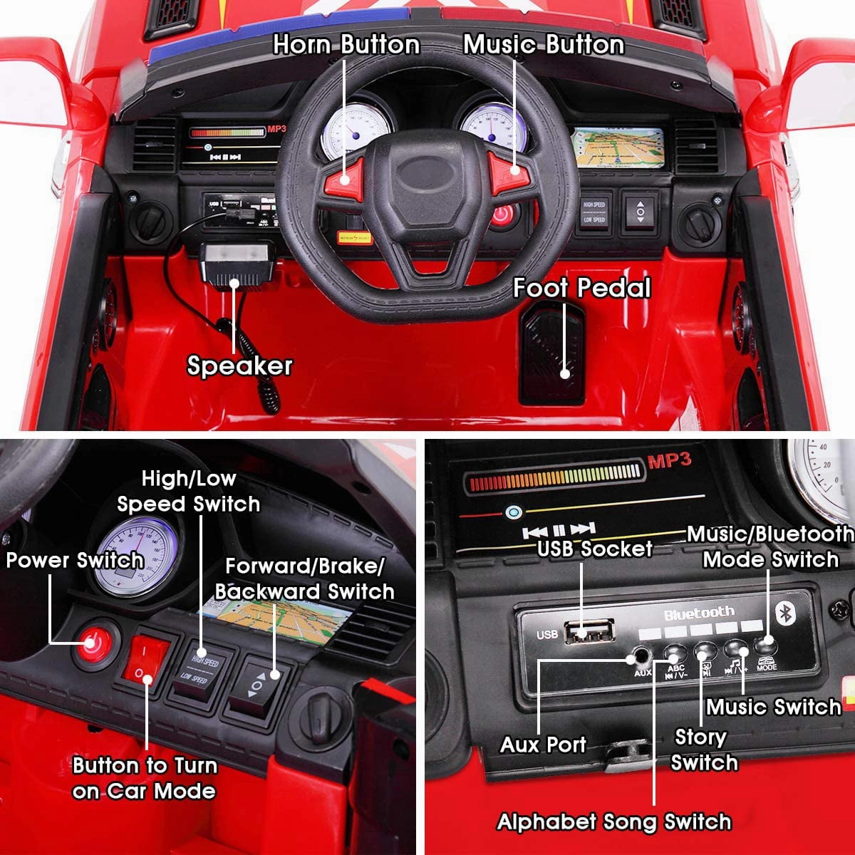 LISUEYNE Kids Ride on Police Car, 12V Electric Car for Boys Girls Age 3 , Flashing Siren, Microphone, Remote Control, Red